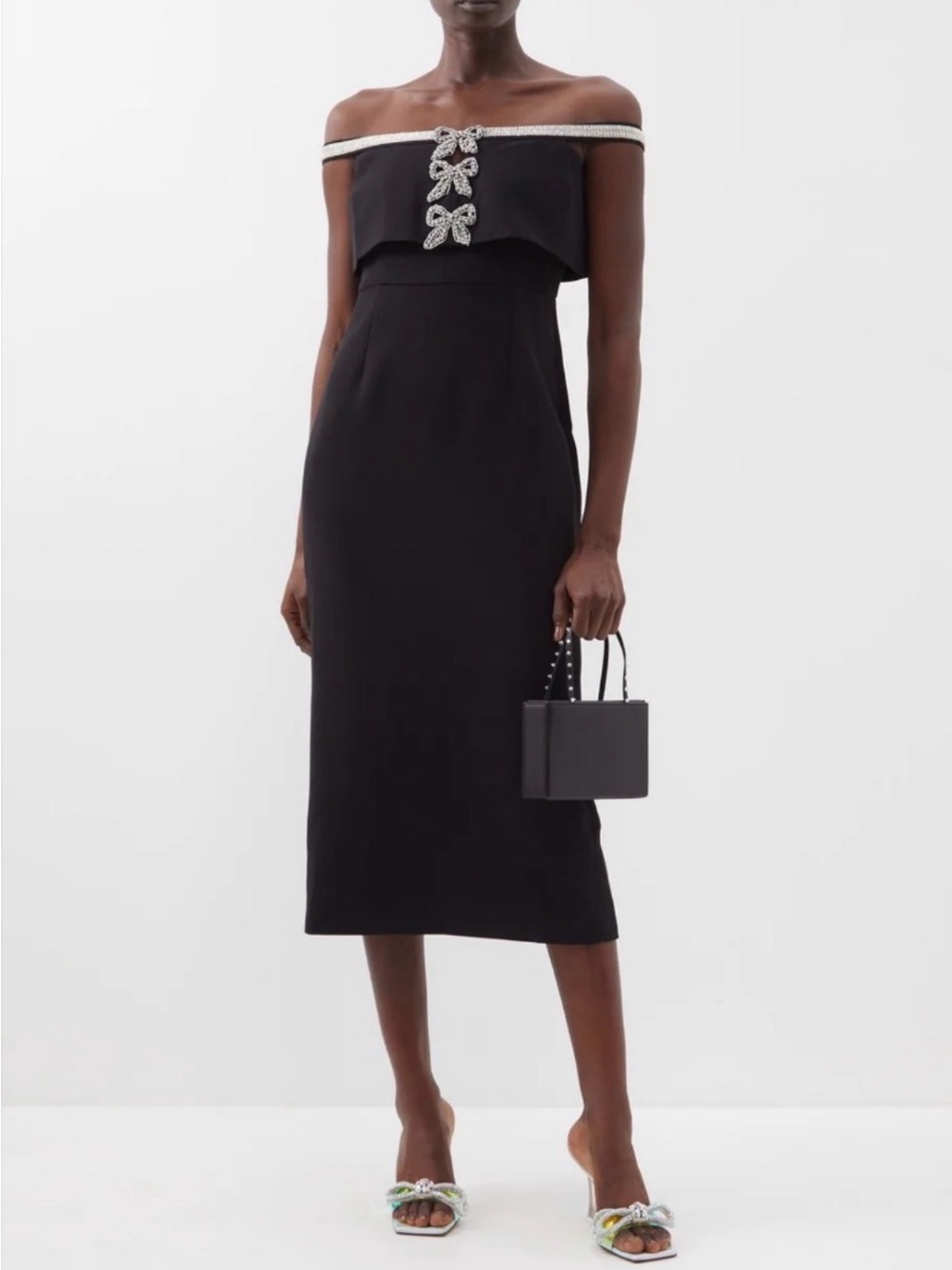 Self-Portrait Black Crepe Crystal Bow Off-Shoulder Dress (UK 8 / US 4)